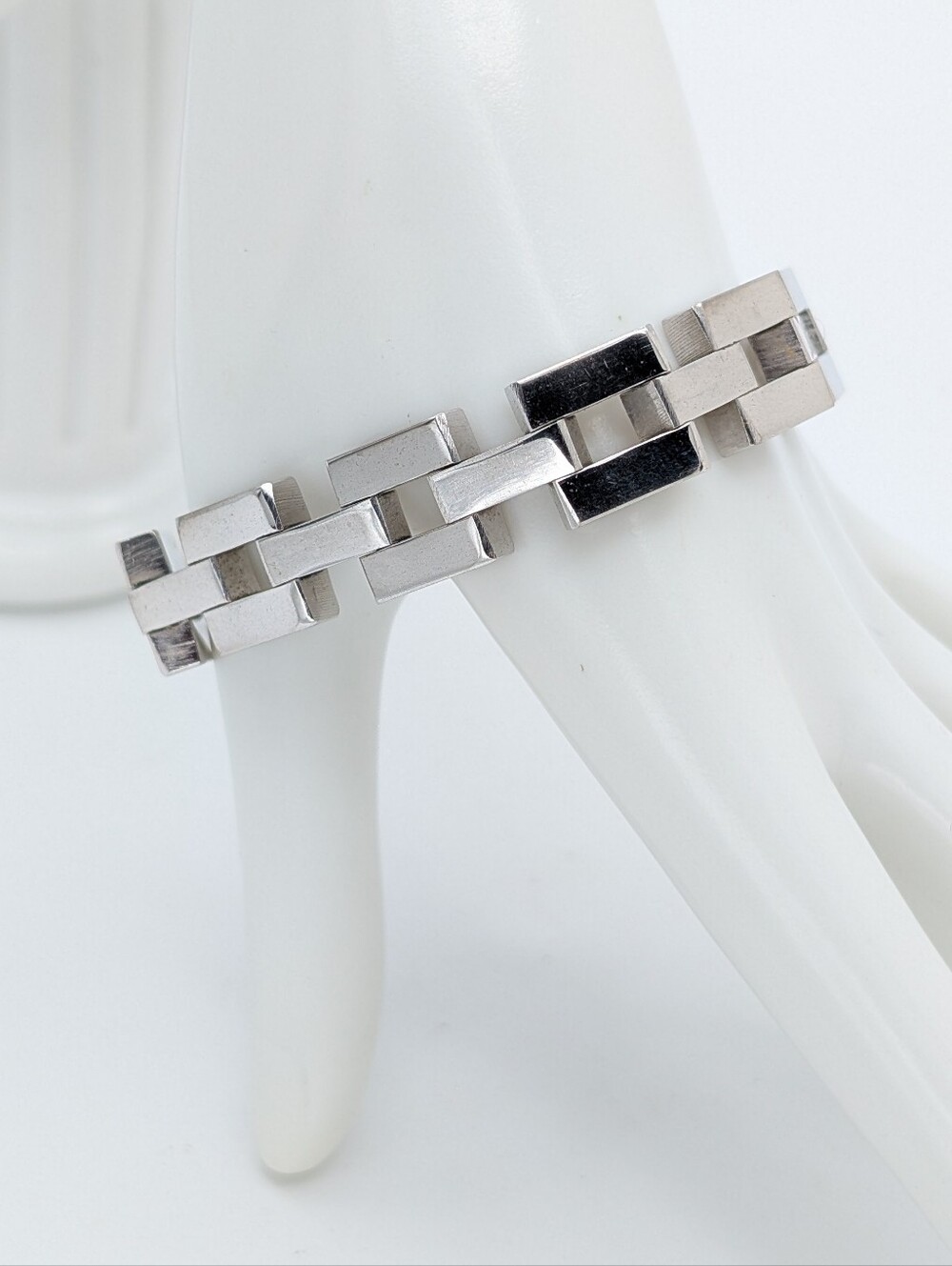 Vintage Goldette Wide Link Silver Tone Modernist Bracelet 7.5"